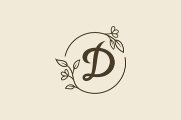 Naklejka premium Minimal initial letter D luxury logo template inside circle frame with leaves or flower ornament