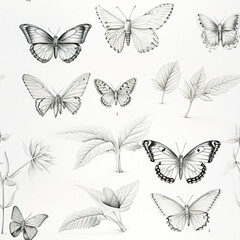 Obraz premium Butterfly pencil sketch monochrome clip art repeat pattern