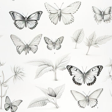 Butterfly pencil sketch monochrome clip art repeat pattern