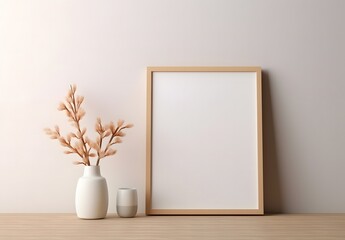 3d render of a blank picture frame for putting posters on wooden shelf, in the style of floral still lifes, light beige and gold, minimalist brush work, flat and graphic, nature morte, commission for, - obrazy, fototapety, plakaty