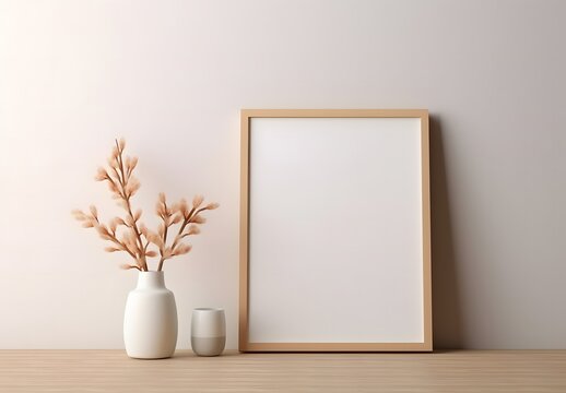 3d render of a blank picture frame for putting posters on wooden shelf, in the style of floral still lifes, light beige and gold, minimalist brush work, flat and graphic, nature morte, commission for,