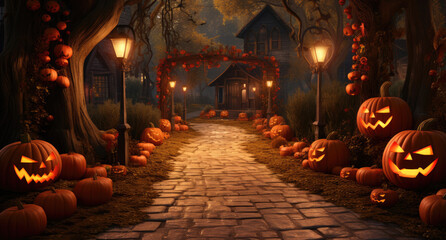 A Magical Autumn Pathway Illuminated by Lanterns and Pumpkins - obrazy, fototapety, plakaty