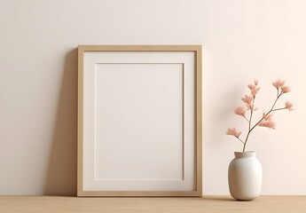 3d render of a blank picture frame for putting posters on wooden shelf, in the style of floral still lifes, light beige and gold, minimalist brush work, flat and graphic, nature morte, commission for, - obrazy, fototapety, plakaty