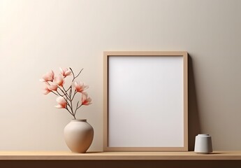 Fototapeta na wymiar 3d render of a blank picture frame for putting posters on wooden shelf, in the style of floral still lifes, light beige and gold, minimalist brush work, flat and graphic, nature morte, commission for,
