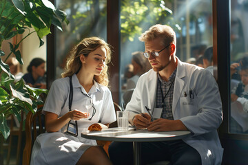 Man doctor and a woman medical workers sitting at a table. Resting staff in hospital.