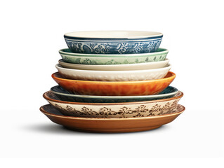 a pile of various sizes of unique bowls on a white background