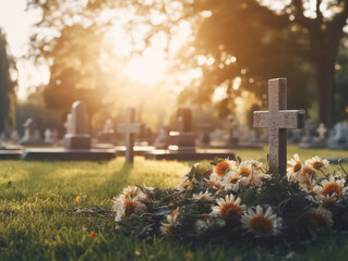 detailed photo of the grave catholic with roses in the afternoon - obrazy, fototapety, plakaty