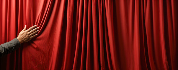 A hand reaching out from behind a red curtain in theatre.