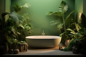 a white bathtub is sitting behind a green wall, in the style of luminous 3d objects, lively tableaus, carl kleiner, tropical landscapes, high quality photo, light emerald and dark beige, nature-inspir