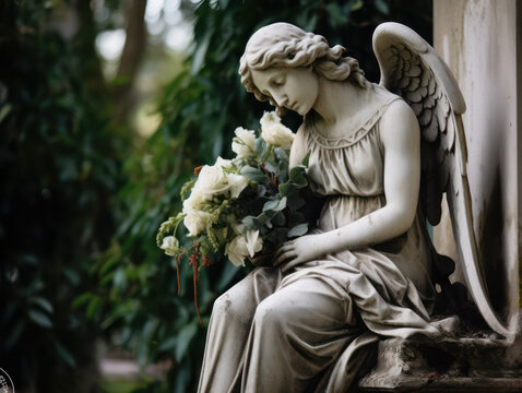 The winged Christian grave angel statue looks elegant with white roses in hand