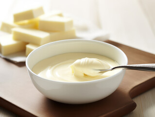 Melted white chocolate in a white bowl looks so delicious - obrazy, fototapety, plakaty
