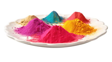 Holi colour (gulal) in plate isolated on transparent background, Generative ai.