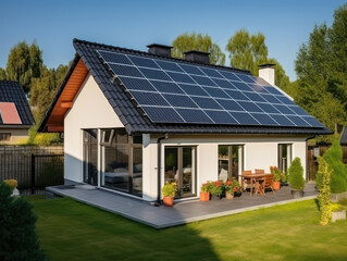 photo of a dream house full of gardens and accompanied by a solar panel house