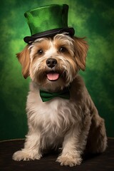Cute puppy in green top hat. St. Patrick's Day.