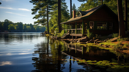Fototapeta na wymiar Lakeside Cabin Retreat in Serene Forest