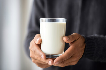 Close-up of male Caucasian hands holding a glass of milk indoors