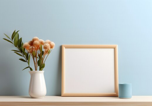 blank picture frame on shelf next to arrangement of flowers, in the style of light beige and gold, realistic and hyper-detailed renderings, minimalist brush work, eco-friendly craftsmanship, light bro
