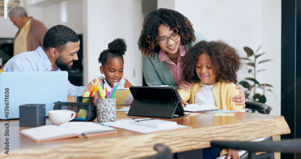 Poster Parents, children and e learning with tablet, laptop and support for education, development and study at desk. Mother, father and kids with computer, online course and home school in family house