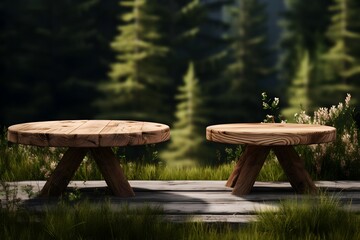 one wooden table sits on top of some grass next to another wooden table, in the style of rendered in cinema4d, botanical accuracy, circular shapes, japanese traditional, norwegian nature, large canvas - obrazy, fototapety, plakaty