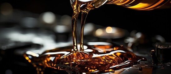 close up view of pouring oil into engine on dark background, auto repair shop business concept