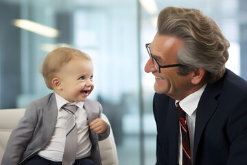 senior businessman having meeting with baby wearing business suit in office