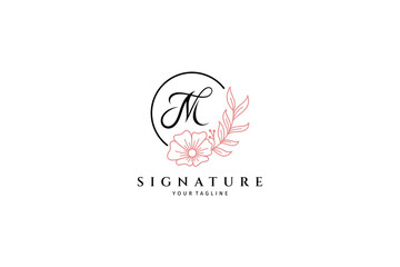 M logo monogram design template with floral plant frame suitable for text or emblem letters for fashion, beauty and jewelry industry, wedding invitations, social