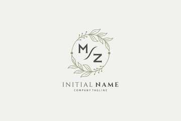 MZ logo monogram design template with plant frame suitable for text or emblem letters for fashion, beauty and jewelry industry, wedding invitations, social