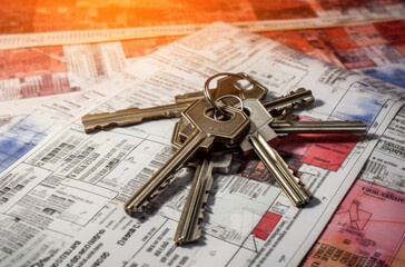 House keys on a house plan blueprint concept for new house design or home improvement