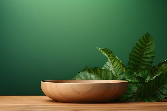 a wooden bowl on a green background with plants, in the style of octane render, lively tableaus 