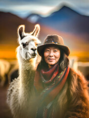 Portrait of a South American woman with his llama, AI generated