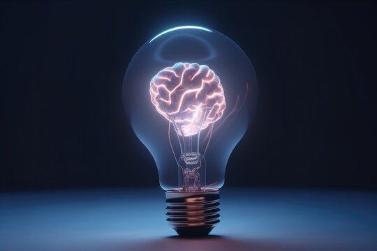 sparkling purple brain light bulb lamp on black, human mind games, brain light bulb with lilac fire, energy and flashes, violet lightning, flash of inspiration, flash of genius, memory, cores