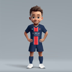 3d cartoon cute young soccer player in PSG football kit. - obrazy, fototapety, plakaty