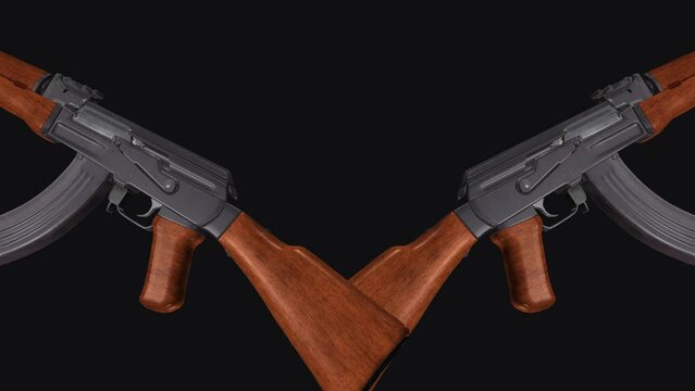 Two Soviet Russian Vintage Machine Guns - Crossing Transition - Realistic 3D animation with alpha channel isolated on transparent background