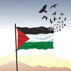Waving Palestine Flag with bird fly