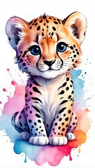 Colorful watercolor cute Cheetah illustration on a white background	