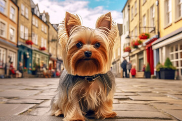 Yorkshire terrier sitting on a city road