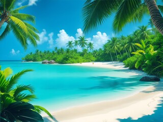 beach with palm trees and blue sky. hawai beachside in summer vacation. 