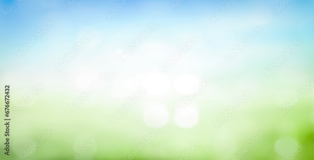 Wall mural world environment day concept, beautiful spring blur green nature with bokeh sun light flare and blu