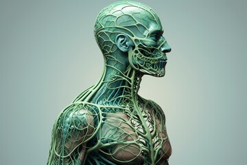 Illustrate the human lymphatic system within the context of a friendly and clean visual, incorporating it seamlessly into the contours of a human posture, generative ai - obrazy, fototapety, plakaty