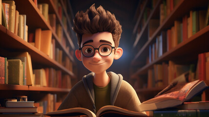 3D Cartoon Character Depict a Teenager in a Cozy Library