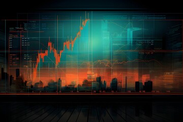 stock market trading on an orange background, in the style of dark cyan and red, blurry details, atmospheric installations, dark red and beige, detailed engraving, lightbox, composed