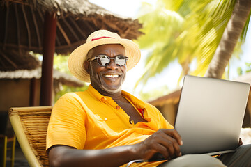 happy senior black man working remotely on laptop on summer vacation - nomadic remote work concept