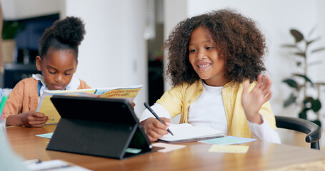 Children, e learning and tablet with writing, wave hello or book for education, development or...