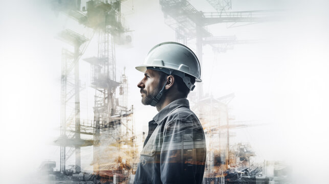Double exposure image of engineeer in construction site with uniform .Generative ai