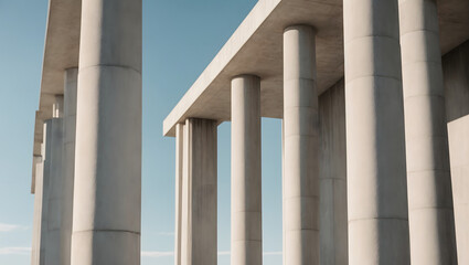 3D render of a close-up of concrete pillars forming an abstract pattern against a clear sky.