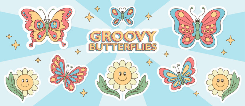 Retro cartoon butterlies and daisy flowers in sprin garden colorful illustration