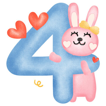 Cute Number 4 Birthday Rabbit Character
