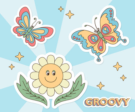 Happy flowers and butterflies groovy cartoon stickers