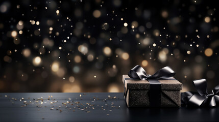 Luxury Glitter sparkles flickering particles bokeh effect with gift boxes and wood table. Elegant abstract design for invitation, greeting, banners, brochures, booklets, advertising. Generative AI