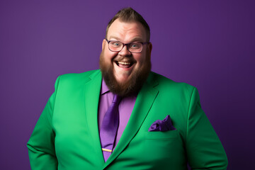 Fototapeta premium Slightly overweight businessman smiling confidently. Bold and vibrant clean minimalist studio portrait, copy space.